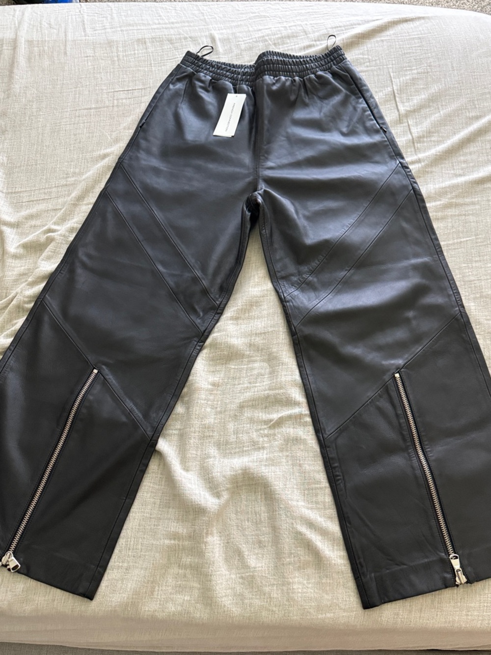 French Connection Black genuine Leather Wide Leg Zip Hem Pants with zipper detai